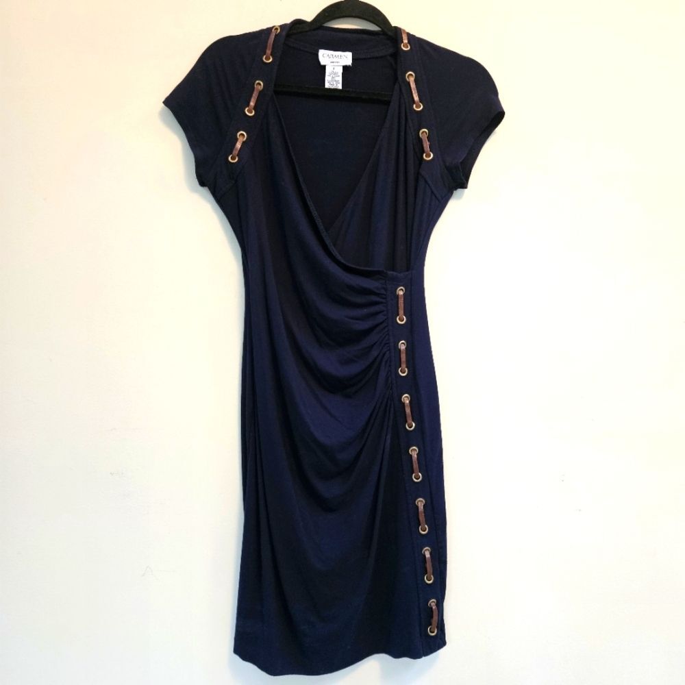 Carmen Marc Valvo Dress Women's Sz S Navy Blue Faux Leather Accents Wrap Style
